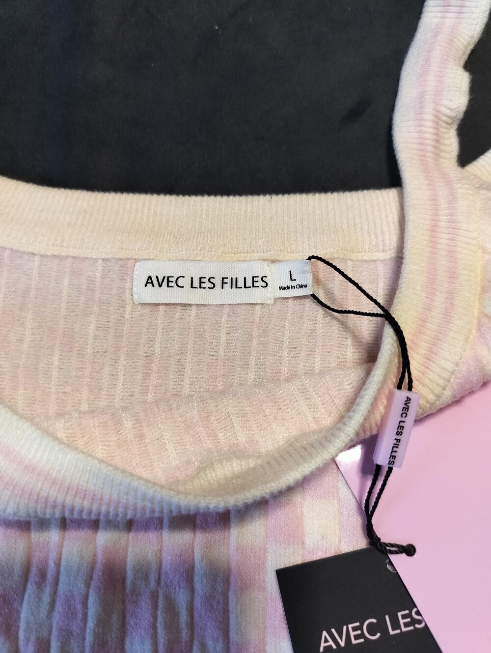 NWT Avec Les Filles Pale Pink And Cream Checker Knit Tank - Medium/Large - Picture 2 of 10
